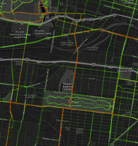 Map of St. Louis bicycle traffic volume, with red routes heavily traveled.  Tower Grove Avenue stands out as a principal north/south St. Louis bicycle corridor.  Map based on cyclist GPS data by Strava, the interactive version is exceptional.