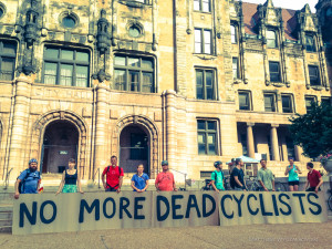 Cyclists protesting for improved bicycle policies and infrastructure.  St. Louis City Hall, June 30, 2014